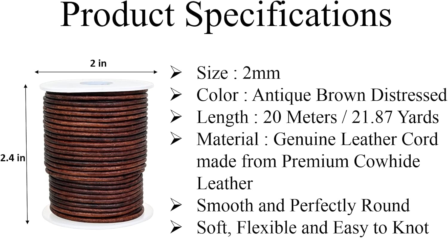GENIQUE Real/Genuine Round Leather String Cord for Necklace, Bracelets, Jewellery, Braiding (2mm, Antique Brown Distressed) - Image 3