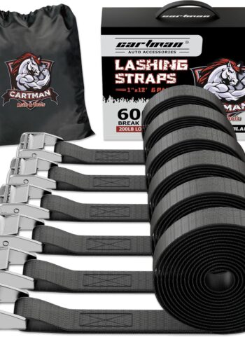 Cartman 1" x 12 ft Lashing Straps, 6 Pack, 600 lb Break Strength, Black | Cam buckles, corrosion-resistant silver finish, and a carry bag for securing gear
