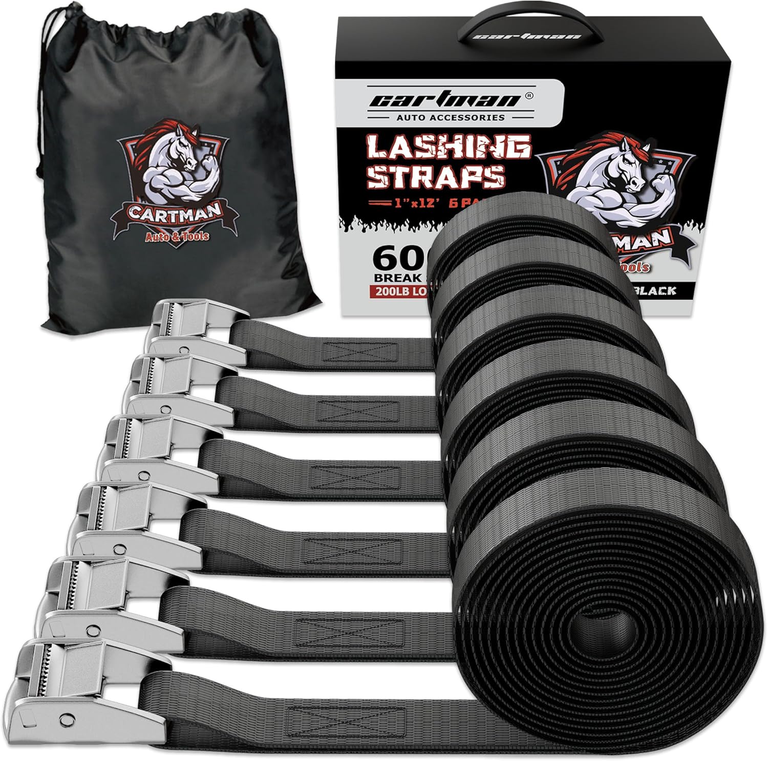 Cartman 1" x 12 ft Lashing Straps, 6 Pack, 600 lb Break Strength, Black | Cam buckles, corrosion-resistant silver finish, and a carry bag for securing gear