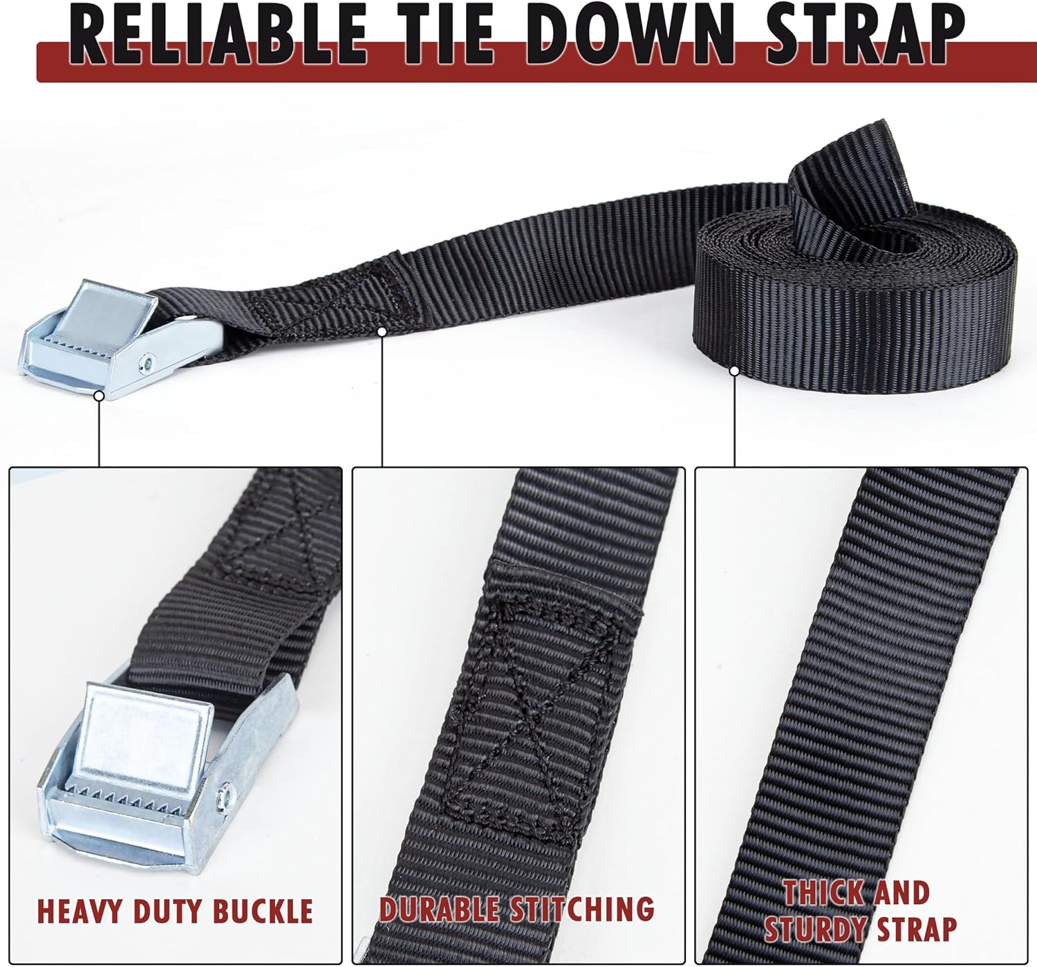 Cartman 1" x 12 ft Lashing Straps, 6 Pack, 600 lb Break Strength, Black | Cam buckles, corrosion-resistant silver finish, and a carry bag for securing gear - Image 2