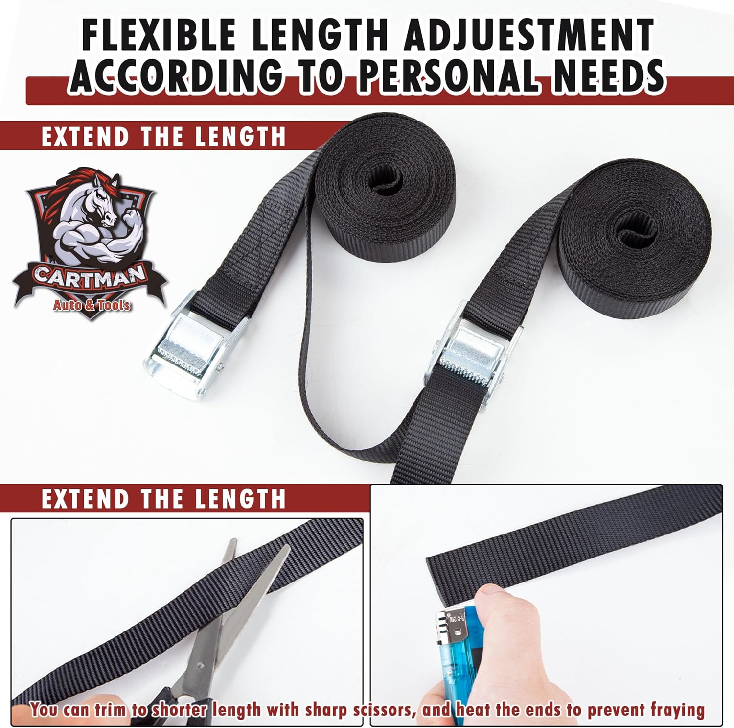 Cartman 1" x 12 ft Lashing Straps, 6 Pack, 600 lb Break Strength, Black | Cam buckles, corrosion-resistant silver finish, and a carry bag for securing gear - Image 4