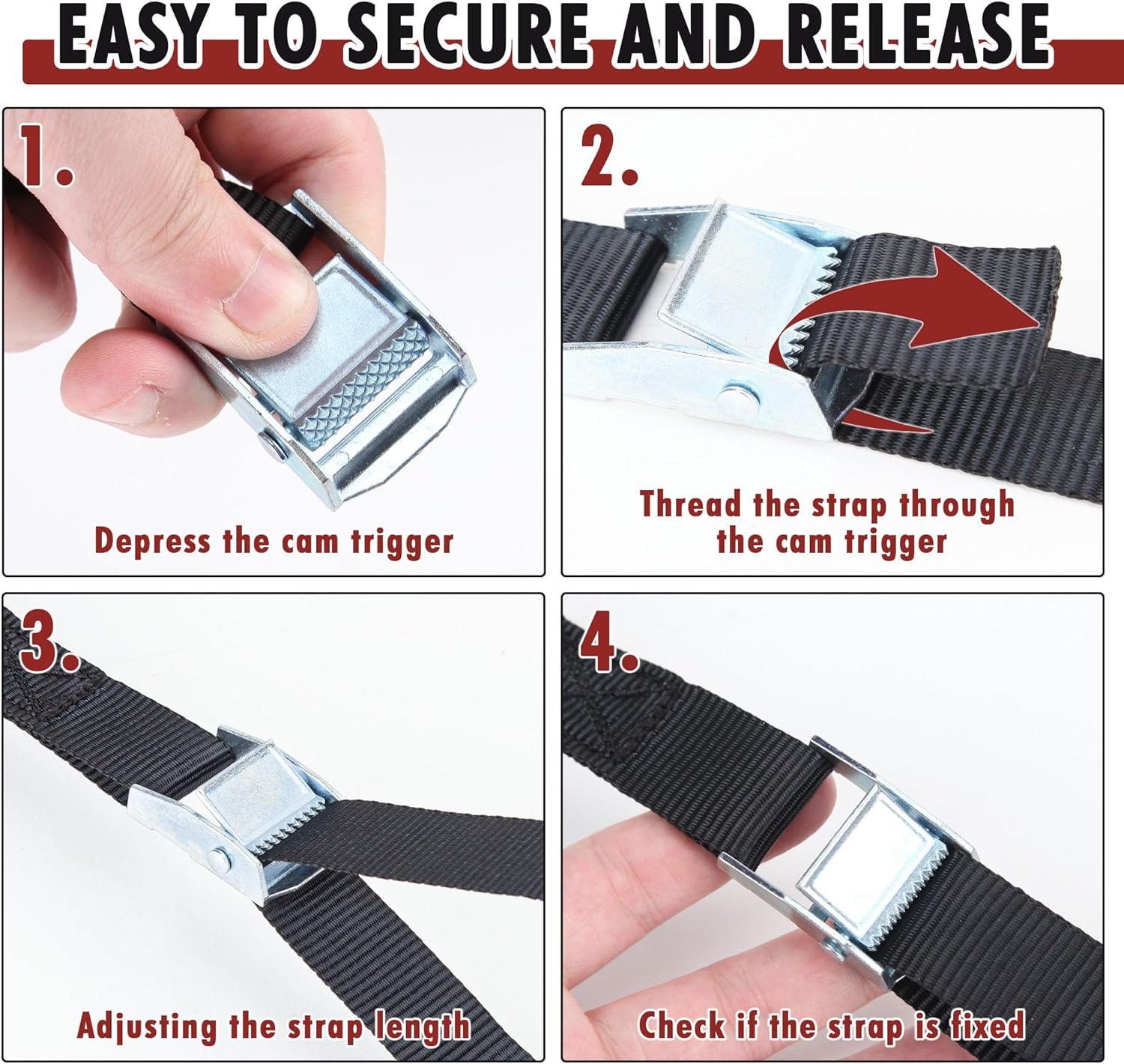 Cartman 1" x 12 ft Lashing Straps, 6 Pack, 600 lb Break Strength, Black | Cam buckles, corrosion-resistant silver finish, and a carry bag for securing gear - Image 5