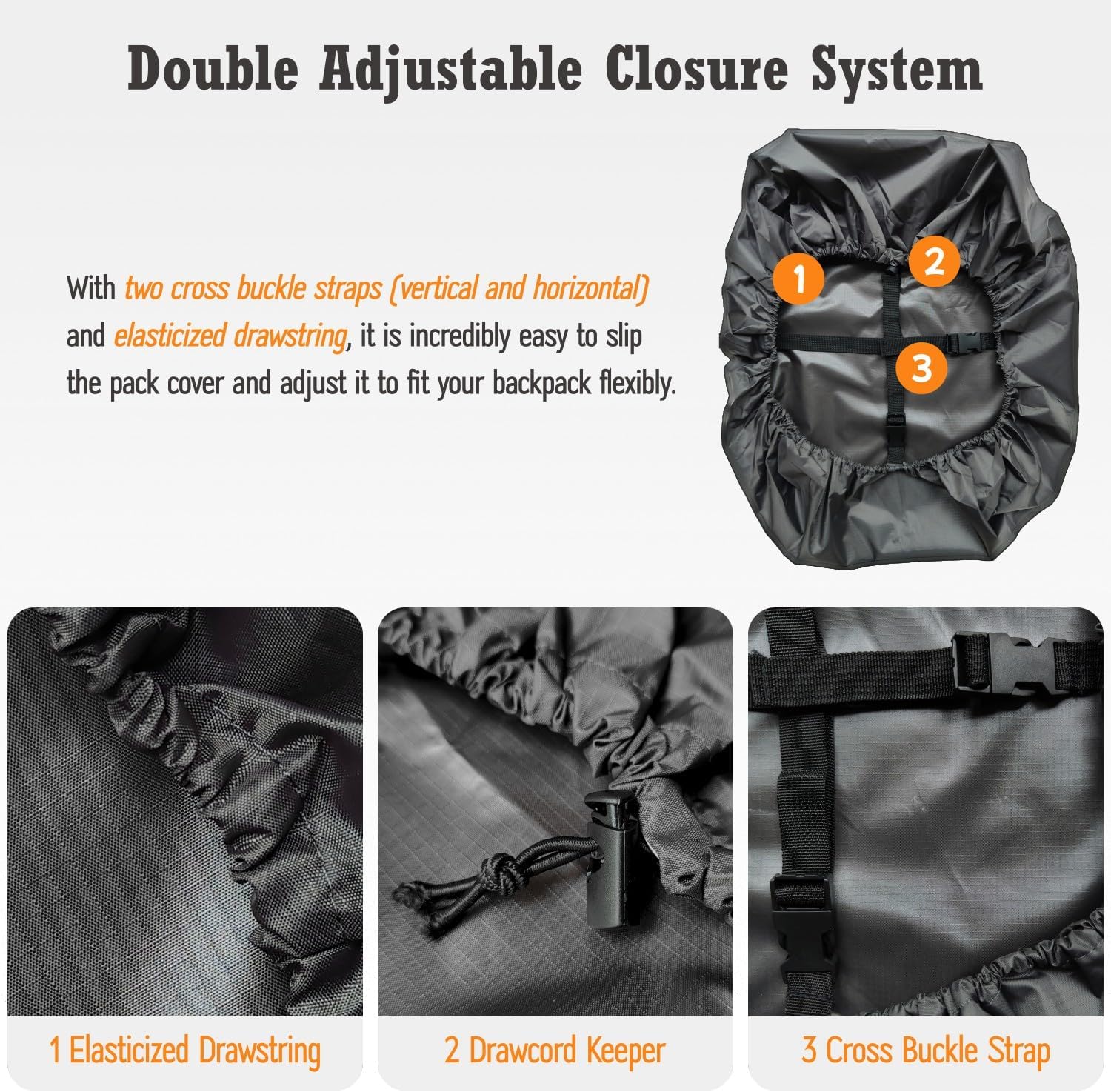 Waterproof Backpack Rain Cover (15-90L), Heavy-Duty Nylon Pack Cover with Upgraded Double Adjustable Closure System and a Carry Pouch for Hiking, Cycling. Durable and Lightweight. - Image 4