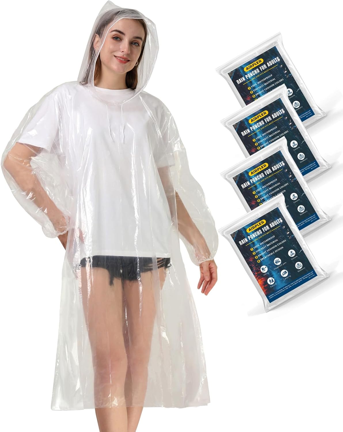 Disposable Rain Ponchos for Adults, Clear Poncho with Hood, Emergency raincoats for Hiking, Camping, Travel