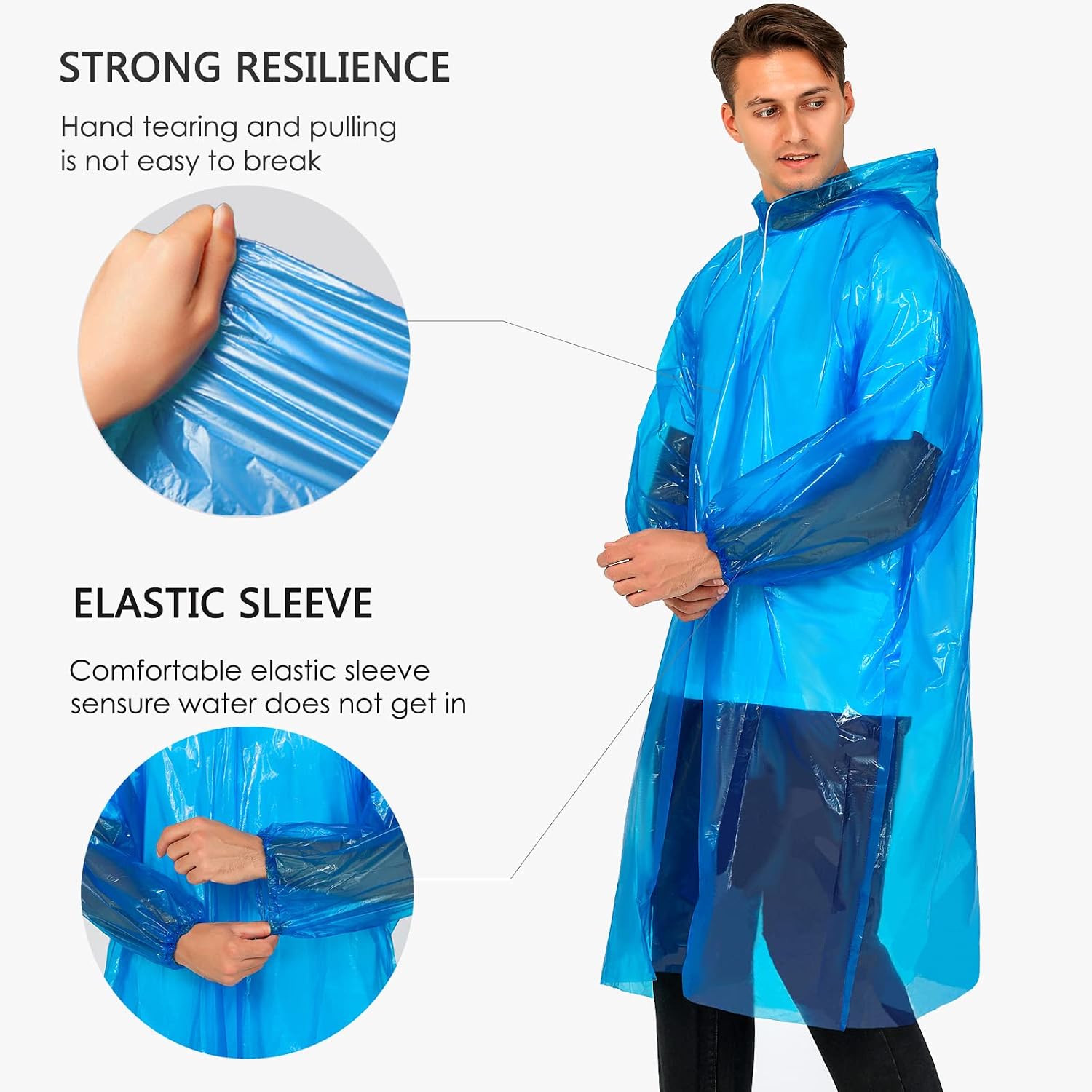 Disposable Rain Ponchos for Adults, Clear Poncho with Hood, Emergency raincoats for Hiking, Camping, Travel - Image 2