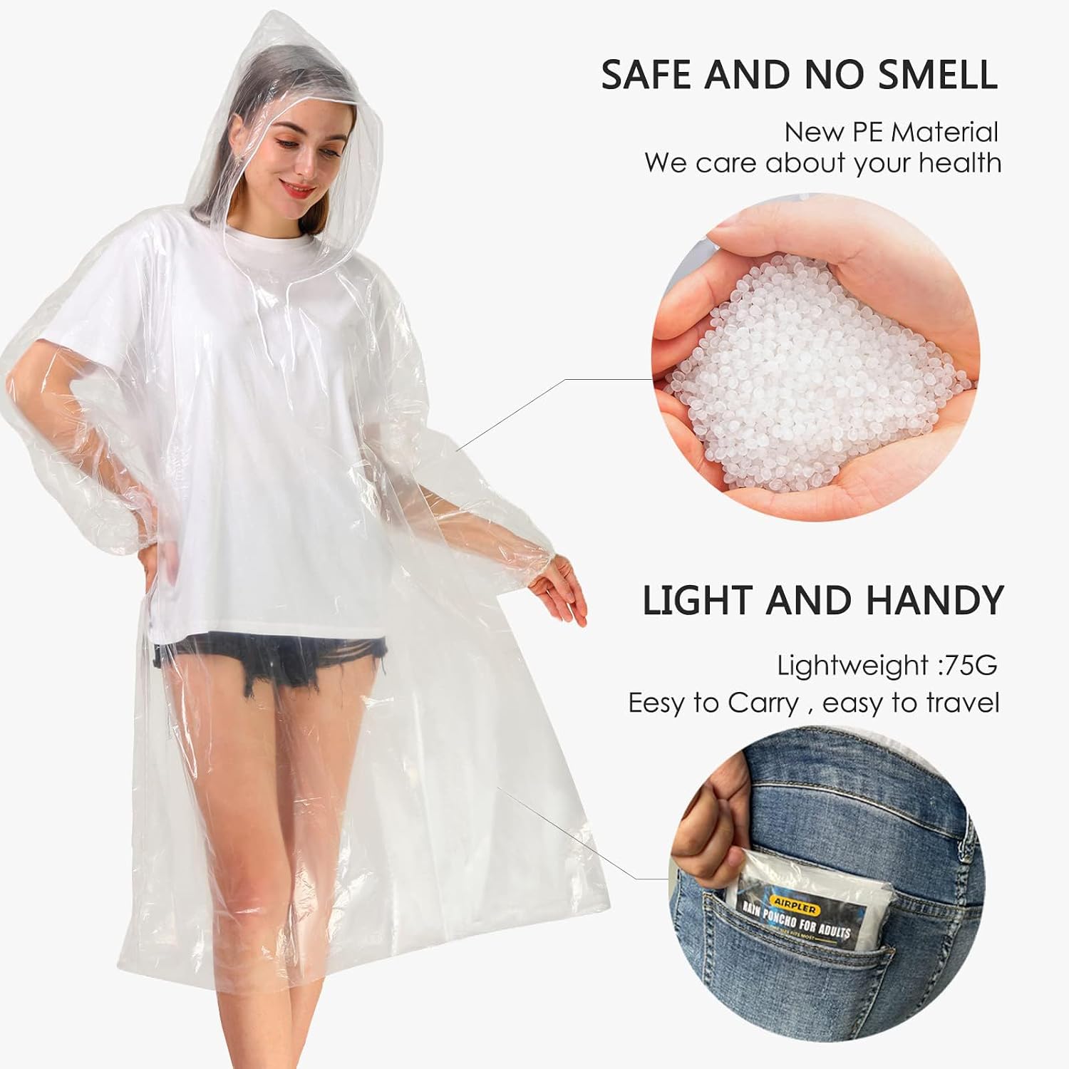 Disposable Rain Ponchos for Adults, Clear Poncho with Hood, Emergency raincoats for Hiking, Camping, Travel - Image 3